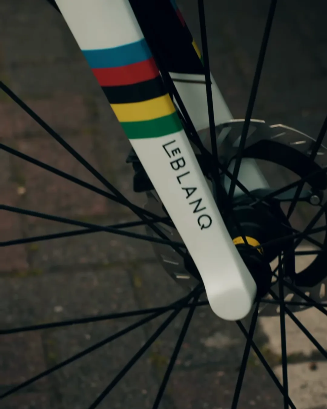 LeBlanq fork with world-champion rainbow stripes on the limited-edition Swift